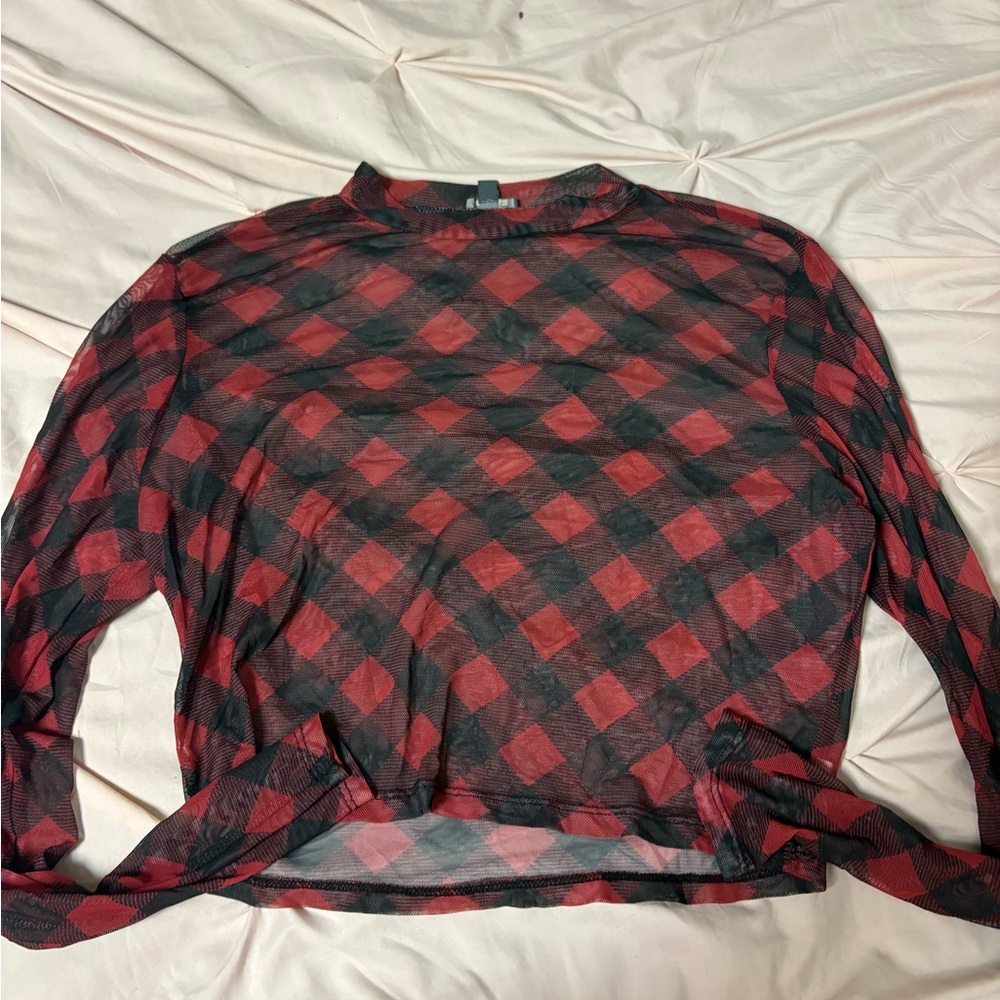 Red and Black Plaid Sheer Top